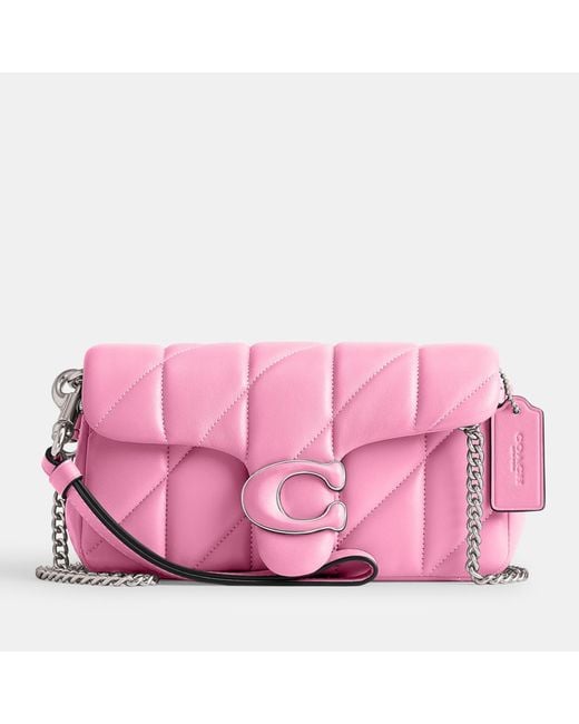 COACH Pink Quilted Pillow Leather Covered C Tabby Wristlet With Chain