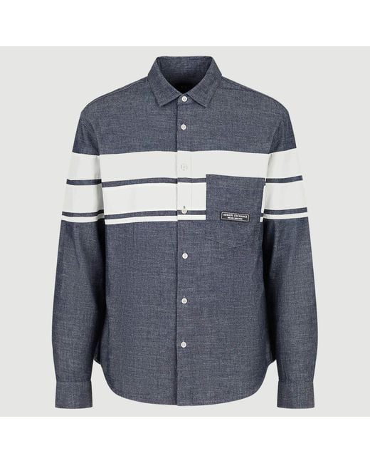 Armani Exchange Blue Colorblocked Stripe Chmbry Denim Shirt for men
