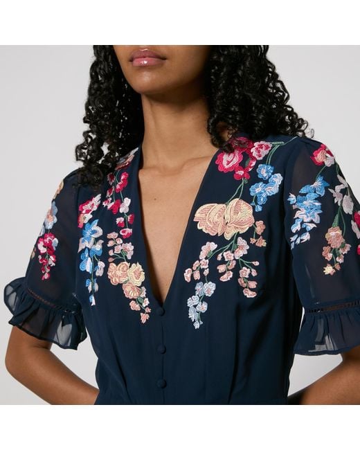 Hope & Ivy Blue Clarice Embroidered Chiffon Maxi Dress