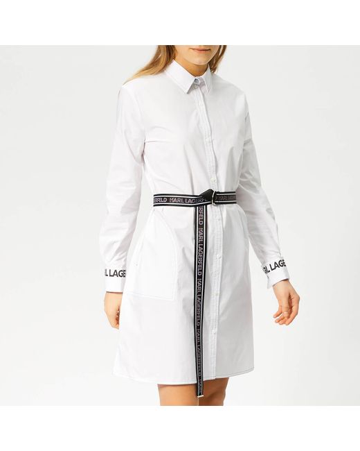 Karl Lagerfeld White Shirt Dress With Logo Belt