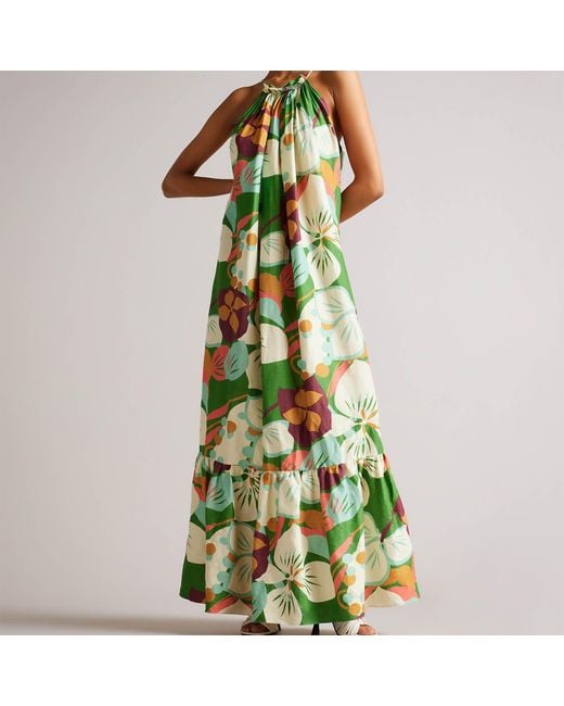 Ted Baker Green Dulina Halterneck Linen-blend Dress