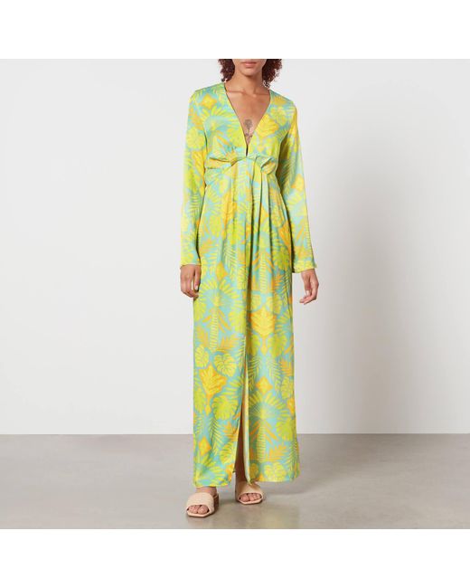 Never Fully Dressed Yellow Blue Palm Printed Angie Satin Dress