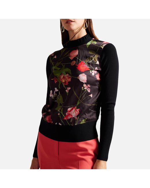 Ted Baker Black Frasiee Floral Satin And Jersey Sweater