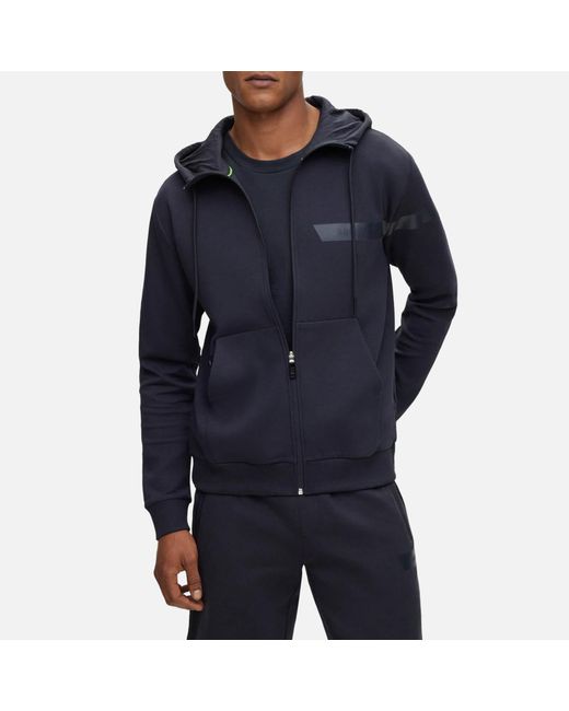 Boss Blue Cotton-blend Zip-up Hoodie With Logo Stripe for men