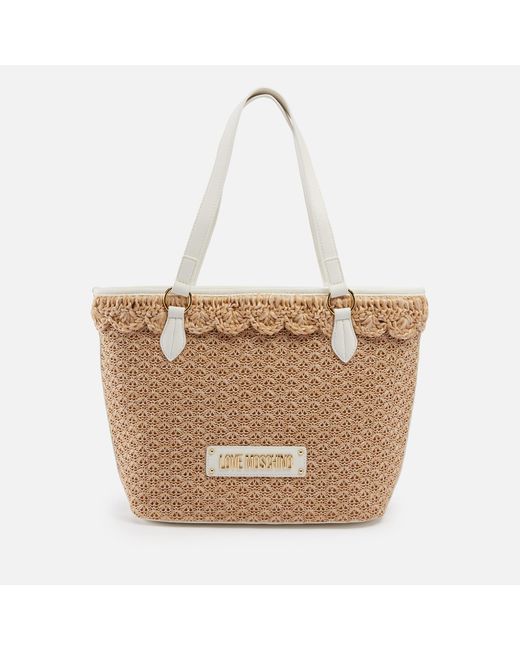 Love Moschino White Summer Love Raffia And Faux Leather Tote Bag