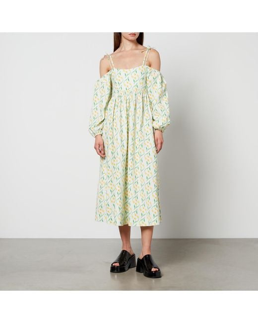 Damson Madder Yellow Edwina Floral-Print Cotton Midi Dress