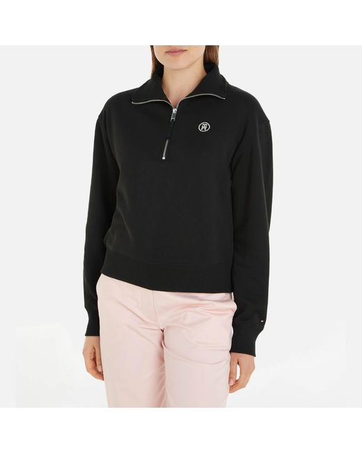 Tommy Hilfiger Black Cropped Cotton-blend Half-zip Sweatshirt
