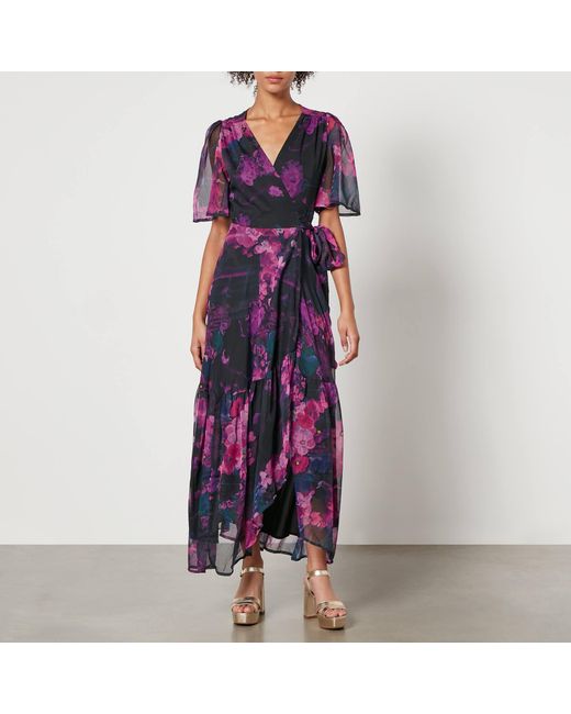 Hope & Ivy Purple Madalena Floral-print Chiffon Dress