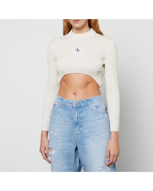 Calvin Klein Ribbed-knit Cotton Cropped Sweatshirt in Blue | Lyst