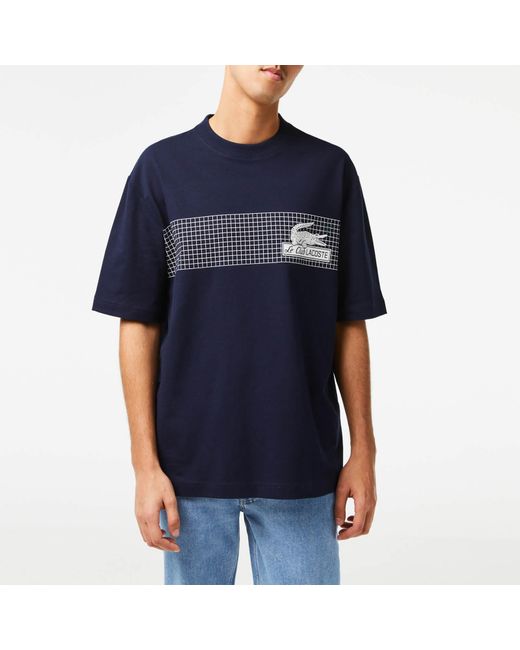 Lacoste Blue Grid Crew Neck T Shirt for men