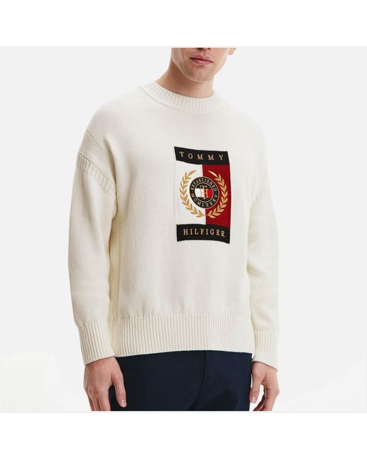 Beschuldiging geld zwavel Tommy Hilfiger Intarsia Icon Graphic Logo-embroidered Cotton Sweater in  White for Men | Lyst