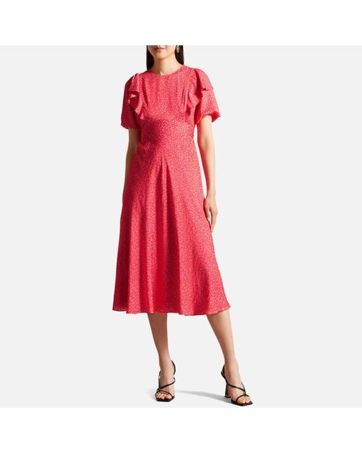 Ted Baker Red Geometric Floral Puff Sleeve Midaxi Dress