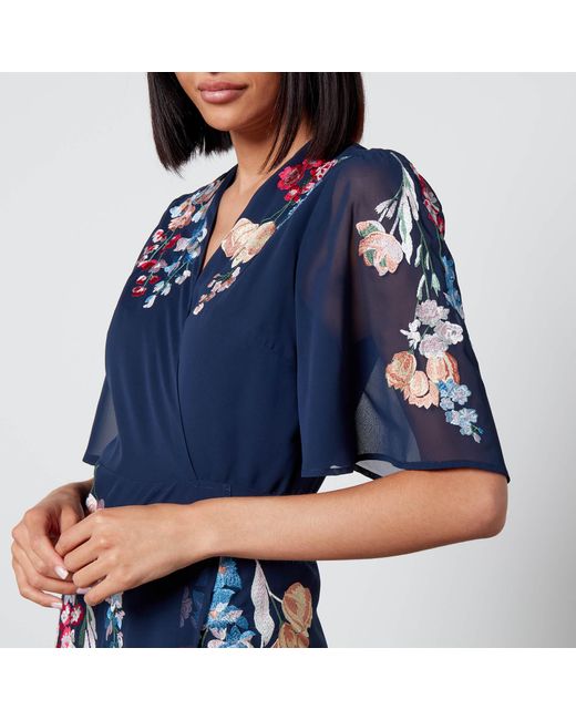 Hope & Ivy Navy Embellished Flutter Sleeve Maxi Wrap Dress With Tie Waist - Grace