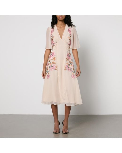 Hope & Ivy Pink The Lovisa Embroidered Flutter Sleeve Midi Dress With Tie Waist