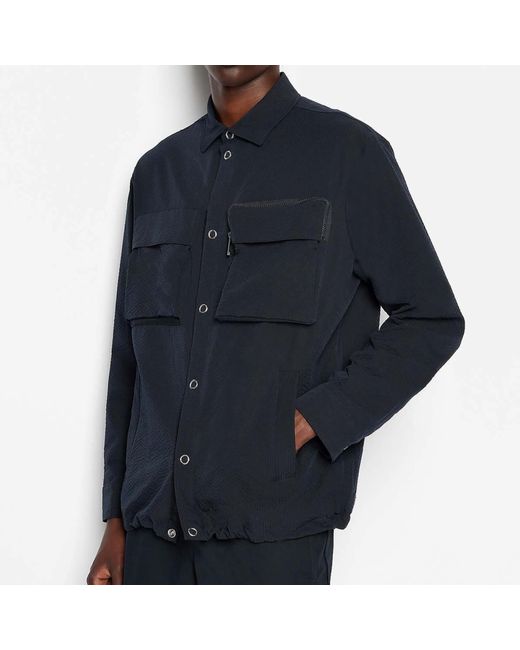 Armani Exchange Blue Seersucker Zip Pocket Long-sleeved Shirt for men