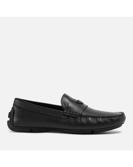 Emporio Armani Black Logo-embossed Calf-leather Loafers for men