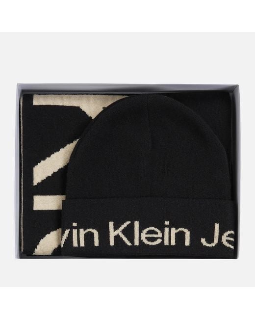 Calvin Klein Black Monogram Beanie And Scarf Gift Set