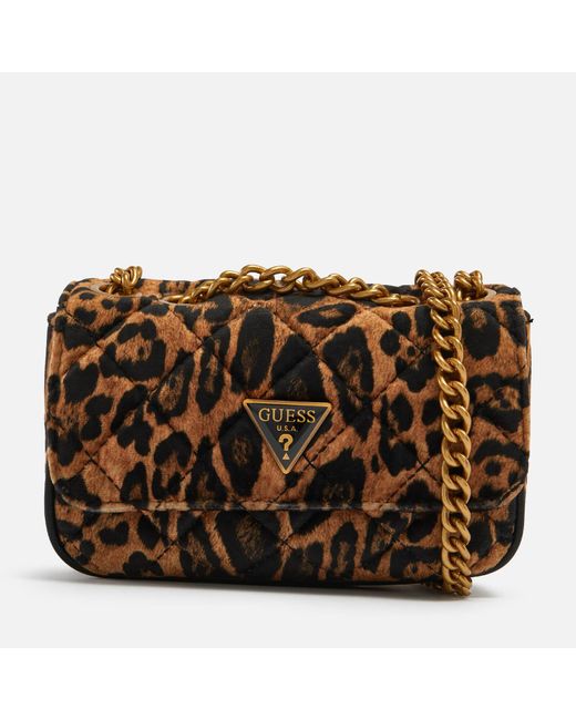 Guess Brown Cessily Micro Leopard-print Quilted Shell Bag