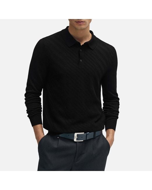 Boss Black Padori Long Sleeve Jacquard-knit Polo Shirt for men