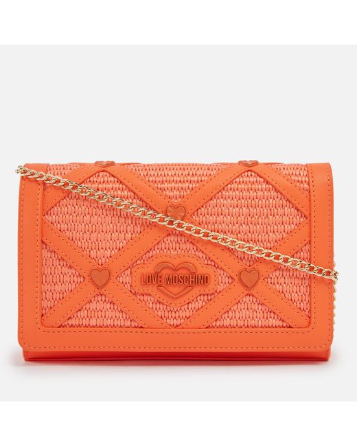 Love Moschino Orange Borsa Studded Faux Leather And Raffia Bag