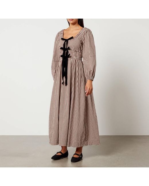 Damson Madder Brown Dakota Bow Checked Cotton Midi Dress