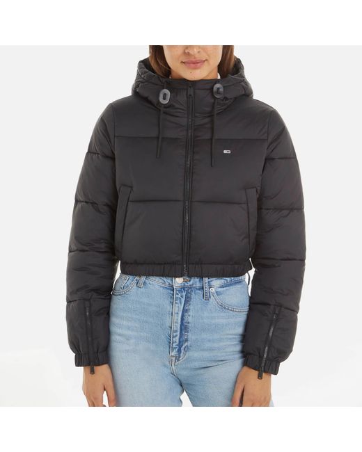 Tommy Hilfiger Cropped Hooded Puffer Jacket Black | Lyst