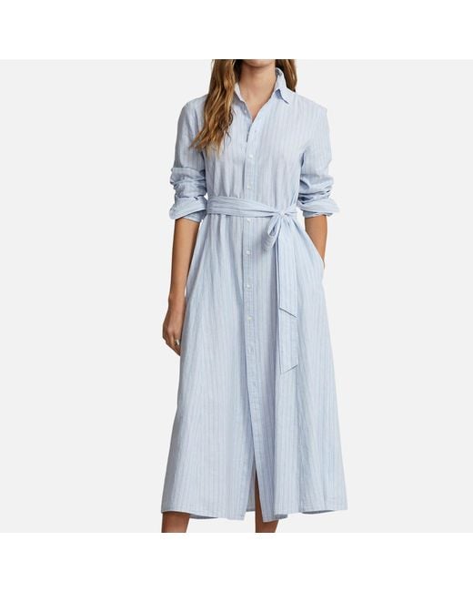 Polo Ralph Lauren Blue Striped-shirt Linen And Cotton-blend Mid Dress