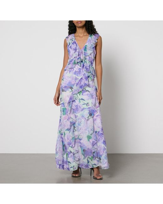 Hope & Ivy Blue Breslin Floral-print Chiffon Frill Maxi Dress