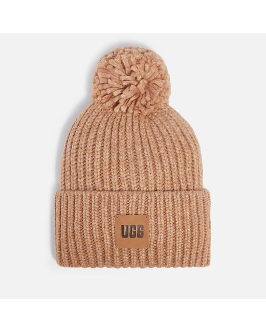 Ugg Brown Airy Pompom-embellished Ribbed-knit Beanie