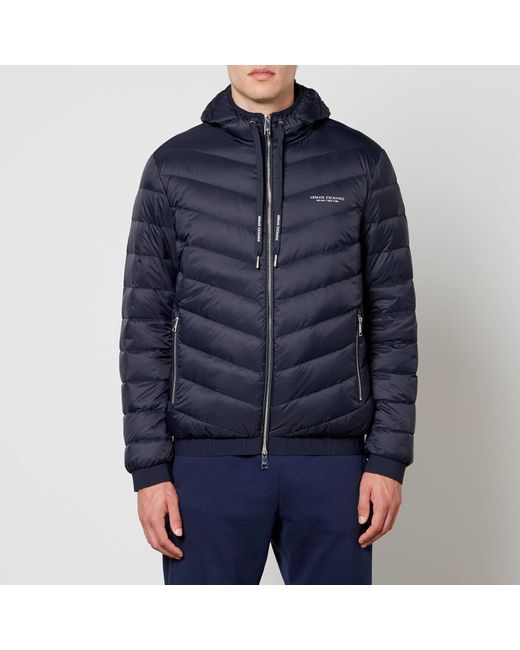 Armani Exchange Blue Quilted Shell Down Hooded Jacket for men