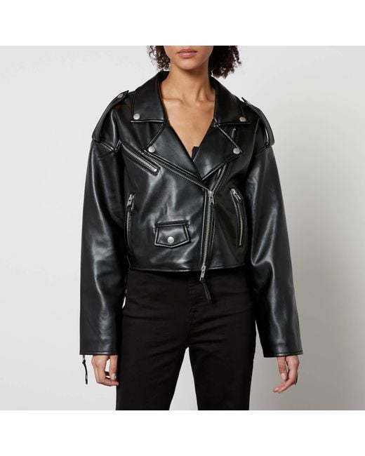 GOOD AMERICAN Black Crop Moto Cropped Faux Leather Jacket