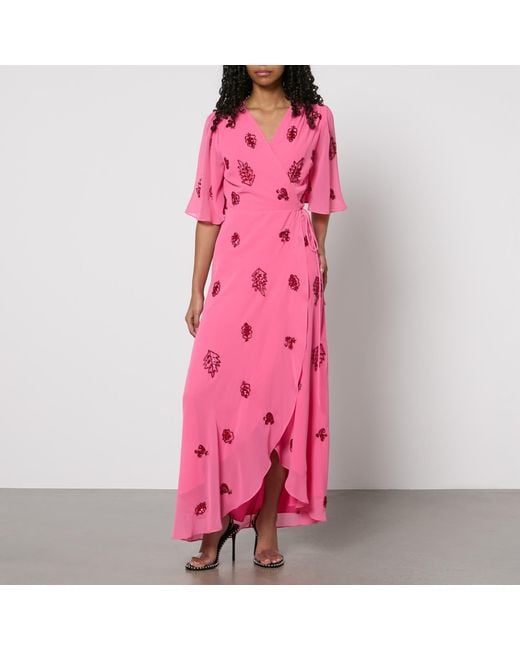 Hope & Ivy Pink Hebe Embellished Chiffon Wrap Maxi Dress