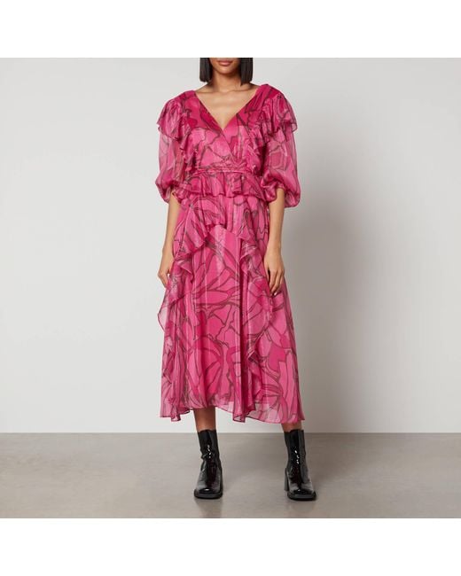 Ted Baker Pink Victoir Graphic-print Tie-waist Woven Midi Dress