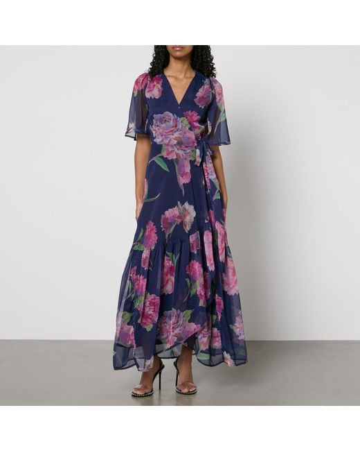 Hope & Ivy Blue Ashia Floral-print Chiffon Wrap Maxi Dress