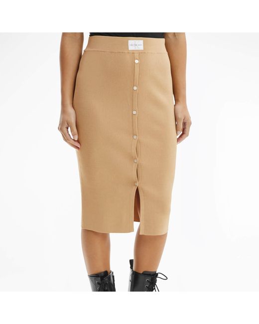 Calvin Klein Denim Badge Knitted Skirt in Beige (Natural) | Lyst