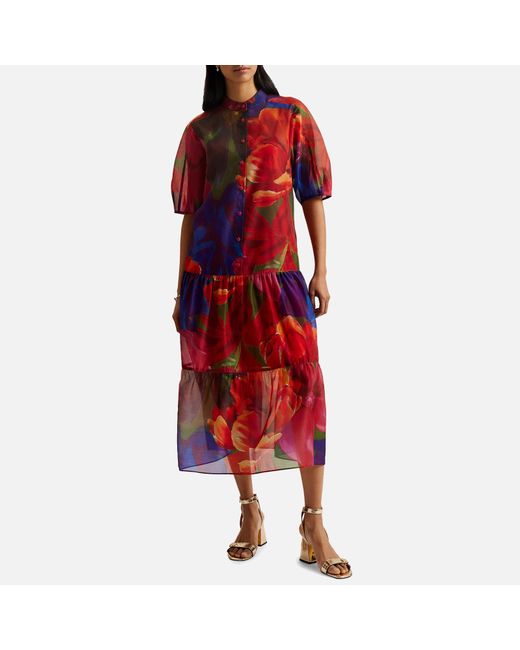 Ted Baker Red Miru Tropical Bloom Chiffon Midi Dress