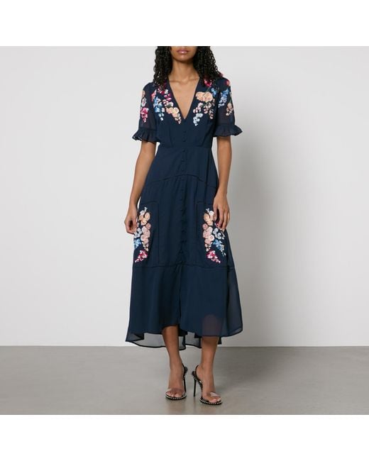 Hope & Ivy Blue Clarice Embroidered Chiffon Maxi Dress