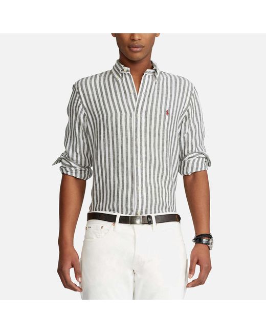 Polo Ralph Lauren Gestreiftes Custom-Fit Leinenhemd in Gray für Herren