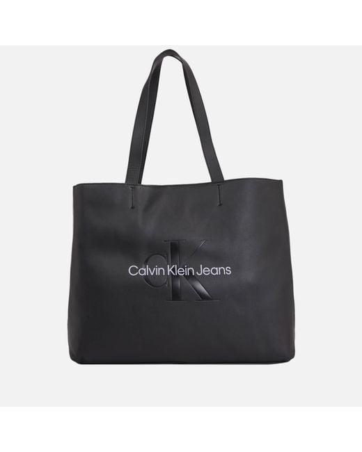 Calvin Klein Black Faux Leather Sculpted Monogram Slim Tote Bag