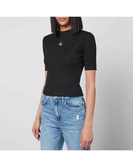 Calvin Klein Badge Stretch Ribbedcotton Slim Fit Tshirt in Black Lyst