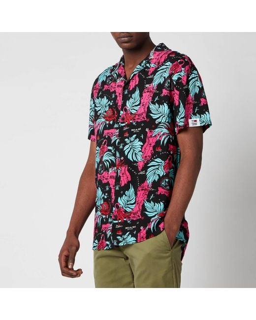 Tommy Hilfiger Black Miami Print Camp Collar Short Sleeve Shirt for men