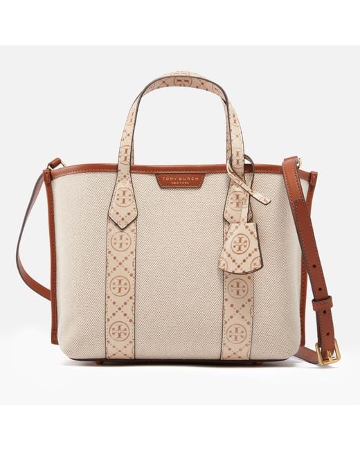 Tory Burch Natural Perry Canvas Small Triple-compartment Tote Bag