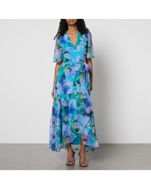 Hope & Ivy Blue Everleigh Floral-print Chiffon Wrap Maxi Dress