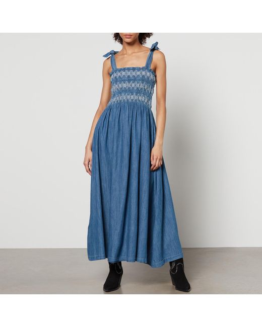 seventy + mochi Blue Seventy + Mochi Sally Tie Bandeau Cotton-chambray Dress