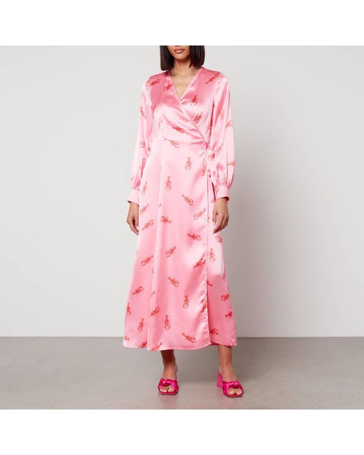 Never Fully Dressed Pink Printed Satin Wrap Maxi Dress