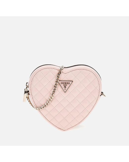 Guess Pink Rianee Quilted Faux Leather Heart Cross Body Bag