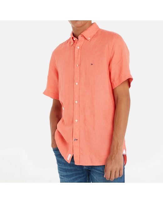 Tommy Hilfiger Orange Pigment Dyed Linen Short Sleeve Shirt for men