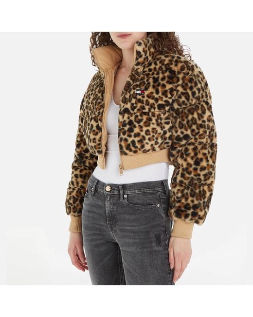 Tommy Hilfiger Brown Leopard-print Faux Fur Cropped Puffer Jacket