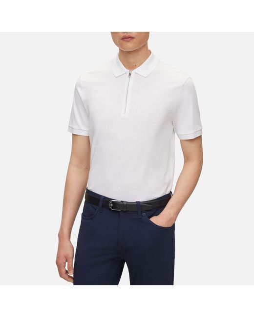 Boss White Polston Ribbed Cotton-piqué Zipped Polo Shirt for men