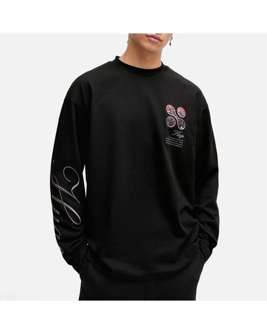 HUGO Black Deaside Graphic Cotton-jersey Long Sleeve T-shirt for men